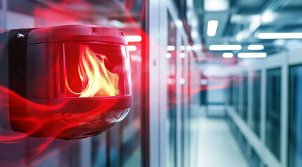 red fire alarm box with fire - warning security system mounted on wall in the building