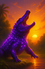 夕日に向かって吠えるワニ