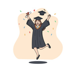 Happy graduating student jumping in excitement, wearing academic cap and gown, symbolizing success and a bright future, a vector illustration of a great achievement.