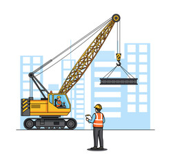 Construction worker operating a crane to lift a concrete pole, with an engineer supervising the project against a modern cityscape background, a detailed vector of urban development.