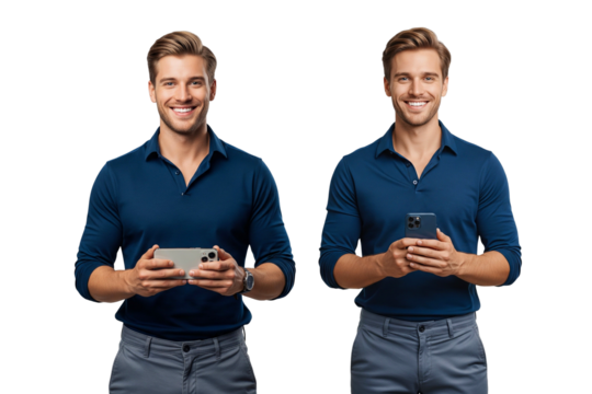 two young men with phone isolated on white