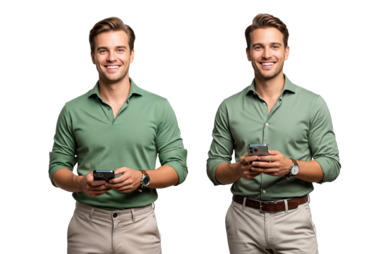 two young men with phone isolated on white - Powered by Adobe