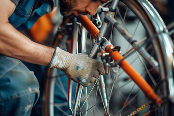Bike Repair Technician at Work: A skilled technician meticulously repairs a bicycle wheel, demonstrating expertise and dedication in the workshop, emphasizing hands-on craftsmanship.