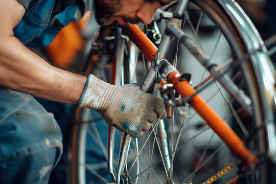 Bike Repair Technician at Work: A skilled technician meticulously repairs a bicycle wheel, demonstrating expertise and dedication in the workshop, emphasizing hands-on craftsmanship. - Powered by Adobe