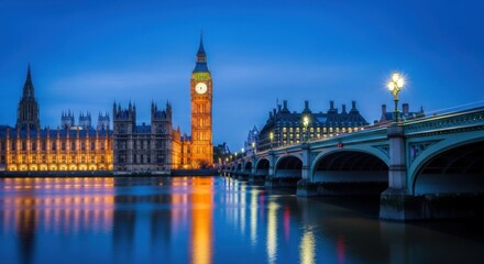 Fototapeta premium Nighttime View of Big Ben and Westminster Bridge with Illuminated Historic Buildings in London