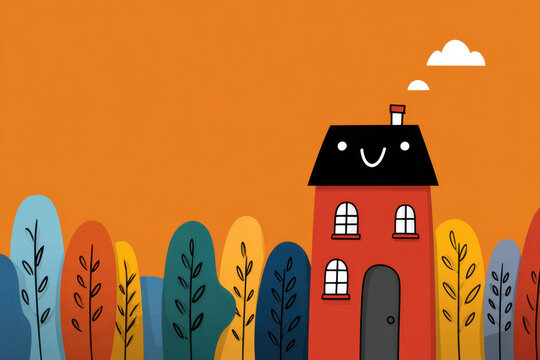 Cute house with smiling roof and colorful trees under orange sky with clouds, cheerful and playful illustration for children or happy home concept