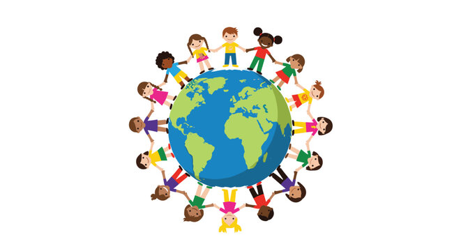 Children of the world holding hands around the globe in unity and peace.