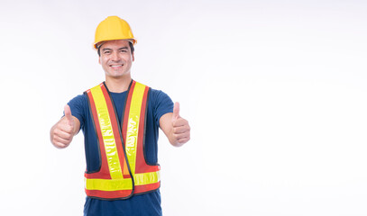 Handsome confident craftsman wear yellow helmet hard hat safety showing thumbs up for good job standing over isolated white background.Handyman safety vest Maintenance workman occupation concept.