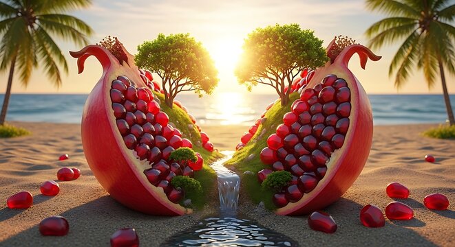 Surreal beach landscape featuring halved pomegranates and vibrant vegetation a tropical fruit