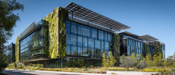 Corporate headquarters building with living green facade and solar panel. Sustainable commercial architecture and eco friendly technology for environmental responsibility. Carbon emission reduction.