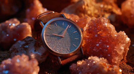 Stylish modern watch with sparkling lab grown diamond details placed on textured backdrop, perfect for ethical consumer branding and sustainable luxury accessory promotion.