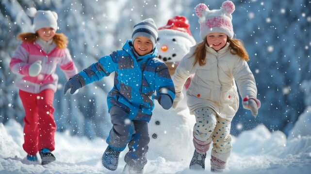 Happy children playing in snowy forest with a snowman wearing a hat and scarf, enjoying winter fun and festive holiday atmosphere
