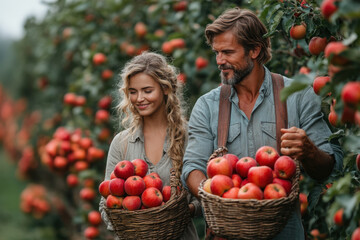 Man and woman picking apples from a tree.