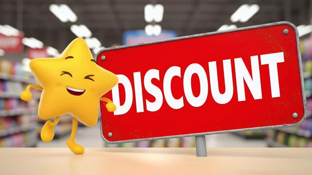 Cheerful 3D Star Mascot Character with Red Discount Sign in Supermarket Aisle for Retail Promotion