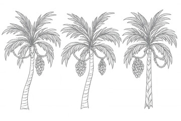 Obraz premium Date palms line art drawing in black and white featuring tropical fruits and foliage, transparent background