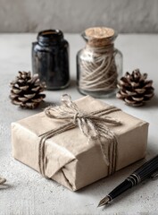 Fototapeta premium Gift wrapped in kraft paper, tied with twine, with ink bottles and pine cones