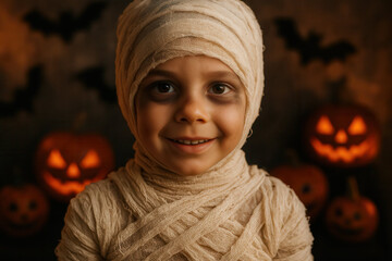 boy dressed as mummy for halloween celebration with spooky decorations and jack-o'-lanterns background