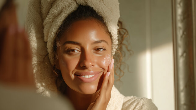 Bela mulher aplicando cosm&eacute;tico hidratante no rosto durante a rotina matinal, aquele cuidados com a pele ap&oacute;s o banho