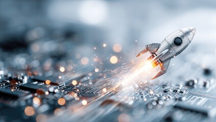 A metallic rocket ship soars above a circuit board, signifying innovation and technological advancement.