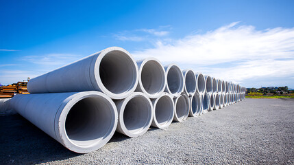 Concrete pipes for water supply at construction site under blue sky. Industrial, infrastructure, and building concept.
