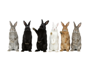 Five domestic rabbits (grey, black, white, brown, mottled) stand upright, some waving, on a seamless transparent studio background. Concept of animal diversity and playful charm