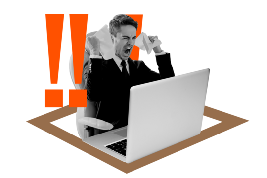 Composite trend artwork 3D sketch photo collage of fired angry office manager business young guy burnout scream face work laptop remote