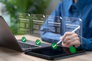 Invoice Document Management Approval Concept, Businesswoman Confirming Online Invoice for Financial Transaction,Secure Digital Payment Authorization, Corporate Finance Verification,Accounting Workflow