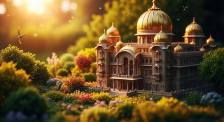 Obraz premium Miniature Model of Grand Palace with Golden Domes in Vibrant Garden Scene at Sunset