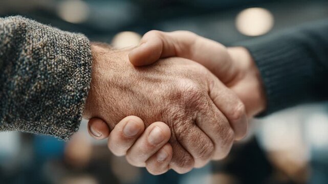 Close up of two professional men shaking hands in an office environment, symbolizing a successful partnership agreement, mutual respect, and a finalized business deal with a firm handshake