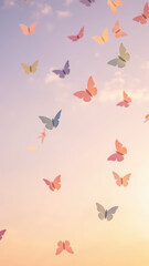 Colorful butterflies fluttering in serene sky, creating whimsical and dreamy atmosphere