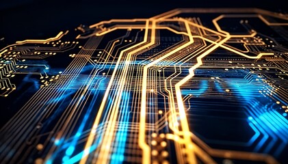 Abstract Circuit Board Glowing with Blue and Gold Light, Technology Pattern
