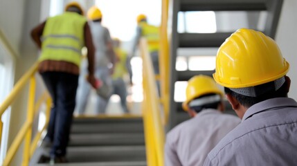 Workers wearing yellow safety helmets and reflective vests are ascending staircase in construction site, emphasizing safety and teamwork