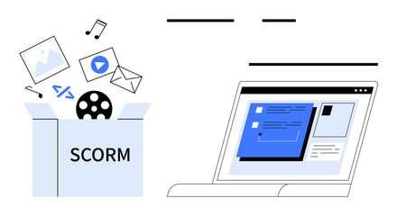 SCORM package with media files and code beside a laptop showing an e-learning interface. Ideal for education, e-learning, content sharing, learning technologies, knowledge management, training