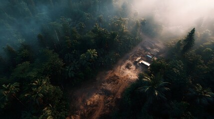 Fototapeta premium Aerial view of a remote jungle clearing with a logging camp amidst mist and golden light