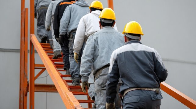 Construction workers protective gear walk up orange metal staircase, showcasing teamwork and safety. They wear yellow helmets and gray uniforms, emphasizing professional construction environment