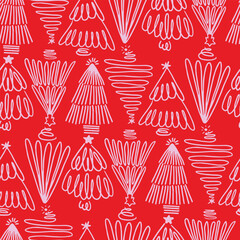 Festive seamless pattern featuring whimsical white doodle Christmas trees on a vibrant red background. A cheerful and modern holiday design.