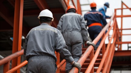 Workers in protective gear climb orange safety stairs at industrial site, showcasing teamwork and safety. scene captures sense of purpose and diligence