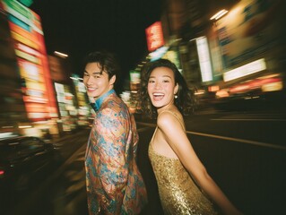 Asian couple in Tokyo streets at night having fun. 90s nostalgia, retro photography background.