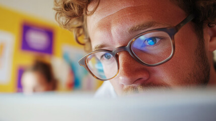HR manager observes as a young man fills out a digital feedback survey on a laptop in a spacious office with natural wood textures. Survey research answer checklist