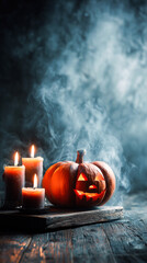 Carved Orange Pumpkin with Smiling Face and Lit Candles on Wooden Table with Misty Dark Background