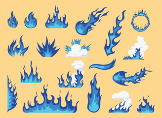 Blue fire flames, bright fireball, heat wildfire and red hot bonfire, campfire, red fiery flames isolated vector illustration set. Animated form and square, fireball and flame	