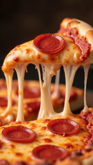 Cheesy pepperoni pizza with melted cheese and crispy crust, showcasing delicious toppings and mouthwatering appearance