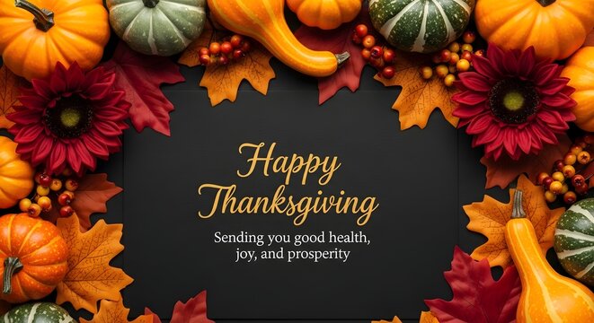 Happy thanksgiving greeting with pumpkins and autumn leaves