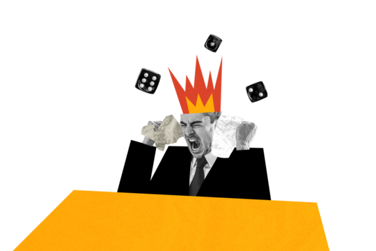 Creative collage young businessman outraged burning head falme aggression failure dice combination gambling fortune luck drawing background