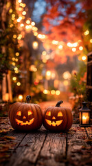 Two Carved Orange Halloween Pumpkins with Smiling Faces on Wooden Path with String Lights and Autumn Leaves Background