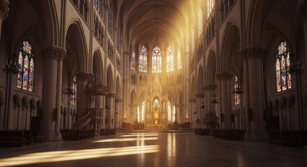 Fototapeta premium Majestic Gothic Cathedral Interior with Sunlight Streaming Through Stained Glass Windows