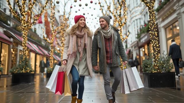 Smiling couple walking hand in hand with shopping bags on a decorated street lined with Christmas lights and festive holiday atmosphere