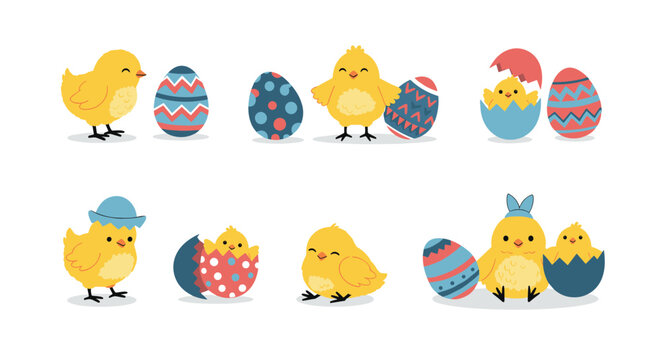 Cute fluffy baby chicks with colorful decorated easter eggs.