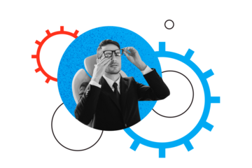 Trend artwork sketch composite collage of idea solve puzzle smart cogwheel organization workspace young man tired overworked close eyes