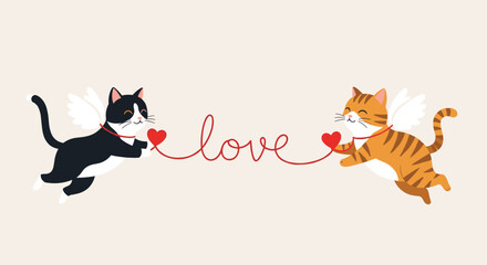 Two adorable winged cats forming the word love with a red string.